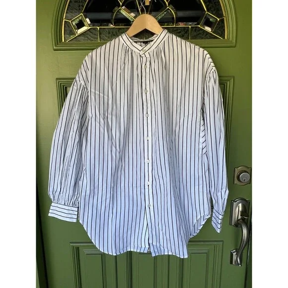 Ralph Lauren Black Label Collarless Tunic Striped Blouse Puffy Sleeves | Size 10 - Picture 1 of 15